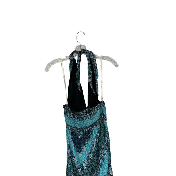 Shoshanna Blue Floral Button Front V-Neck Smocked Halter Midi Dress Size Medium - Picture 8 of 11